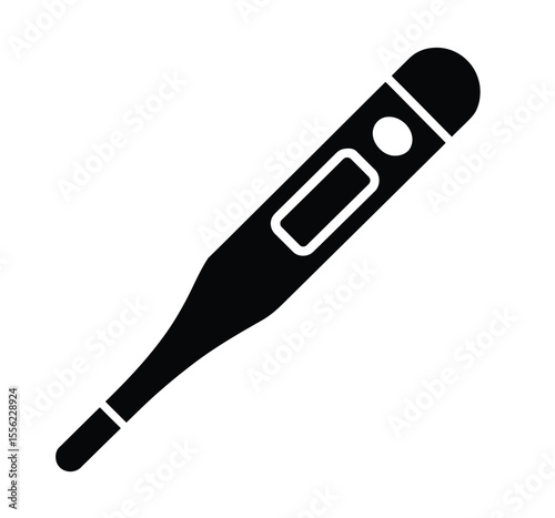 A simple black and white icon illustration of a digital thermometer
