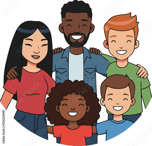 Mixed race cartoon family with smiling kids
