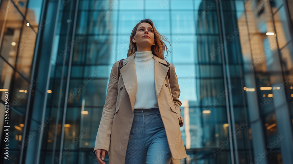 Fototapeta premium female entrepreneur walking confidently into modern building