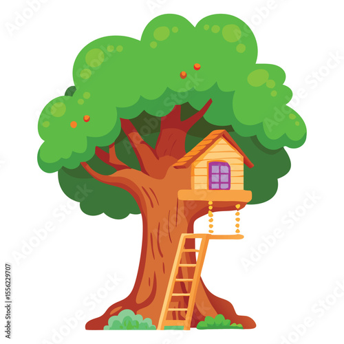 Illustration of a whimsical treehouse with ladder and lush green foliage for children's designs