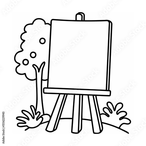 Black and white line art of an easel tree and plants on a white background