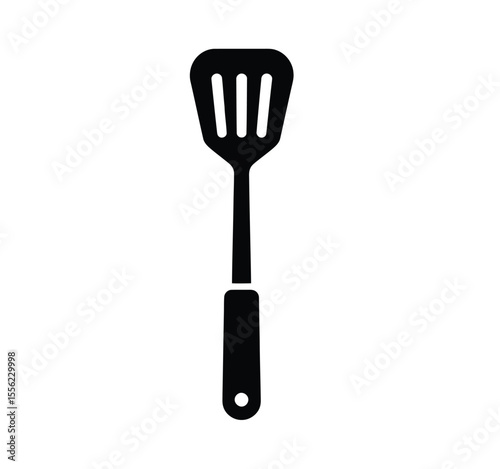 A simple black and white icon illustration of a kitchen spatula