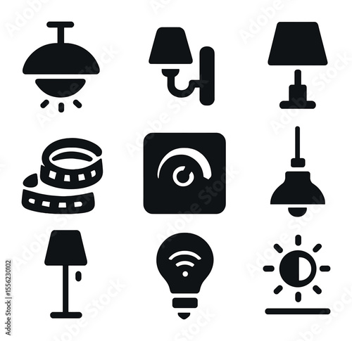 Bedroom Lighting Icons. Solid, filled icons set of bedroom lighting design: ceiling fixture, wall sconce,
