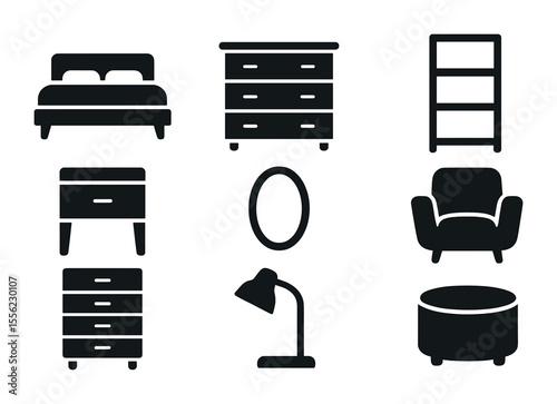 Modern Bedroom Furniture Icons. Solid, filled icons set of modern bedroom furniture: platform bed, dresser,