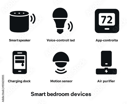 Smart Bedroom Icons. Solid, filled icons set of smart bedroom devices: smart speaker, voice-controlled light,