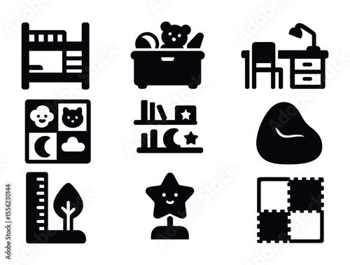 Kids Bedroom Icons. Solid, filled icons set of kids bedroom redesign: bunk bed, toy chest, study desk, cartoon