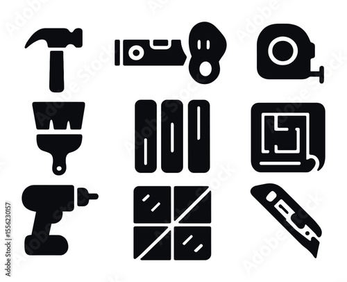 Modern Renovation Tools Icons. Solid, filled icons set of bedroom renovation tools: hammer, level, measuring