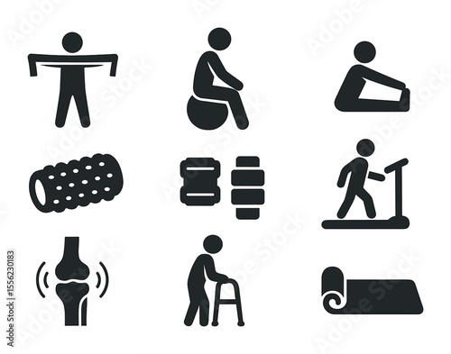 Physiotherapy Exercise Icons. Solid, filled icons set of physiotherapy exercises: resistance band, balance