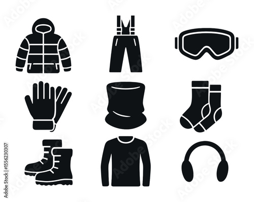 Winter Sports Clothing Icons. Solid, filled icons set of winter sports clothing: insulated jacket, snow pants,