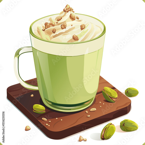 Pistachio Milkshake with Whipped Cream. Delicious flat vector illustration of a pistachio milkshake in a glass, topped with whipped cream, sesame seeds, isolated on white background