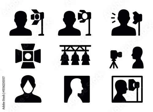 Cinematic Lighting Icons. Solid, filled icons set of cinematic lighting techniques: key light, fill light,