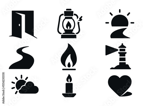 Symbolic Light Icons. Solid, filled icons set of symbolic light and shadow: open door with light, broken