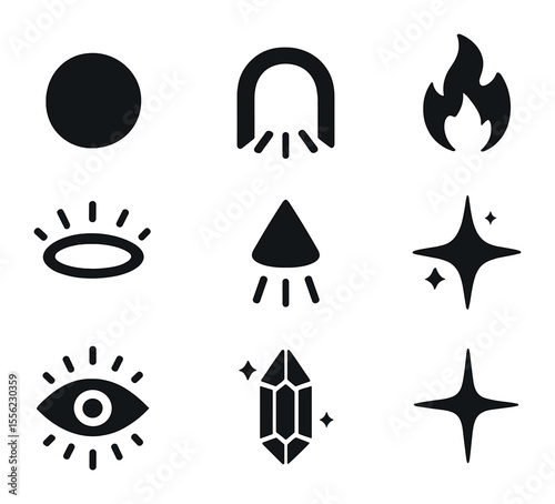 Mystical Light Icons. Solid, filled icons set of mystical light symbols: glowing orb, light portal, sacred