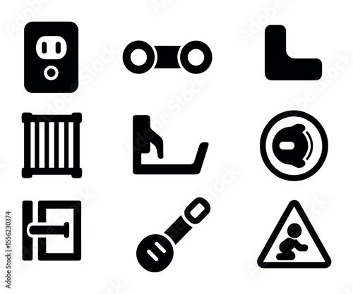 Childproofing Icons Grid. Solid, filled icons set of childproofing the home: outlet cover, cabinet lock,