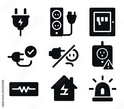 Electrical Safety Icons. Solid, filled icons set of electrical safety measures: grounded plug, surge protector