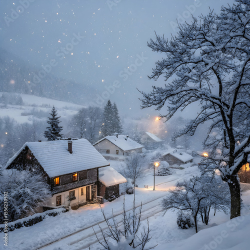 Snowstorm over a small village with swirling flakes, snow-clad rooftops, and whiteout skies in deep winter
