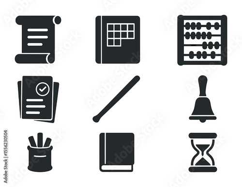 Vintage Teacher Tools Icons. Solid, filled icons set of teacher tools from the past: lesson scroll, attendance