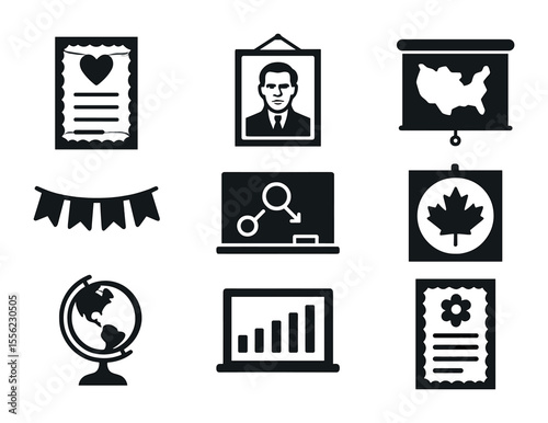 Classroom Decoration Icons. Solid, filled icons set of classic classroom decorations: moral posters, portrait
