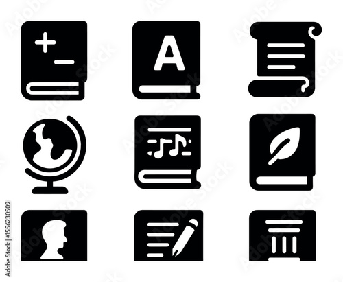 School Subjects Icons. Solid, filled icons set of early school subjects icons: arithmetic book, spelling