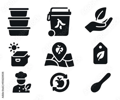 Sustainable Cooking Icons. Solid, filled icons set of sustainable cooking practices: reusable containers,