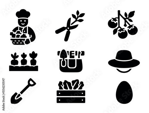 Chef Harvesting Icons. Solid, filled icons set of chef harvesting ingredients: chef with basket, herb clipping