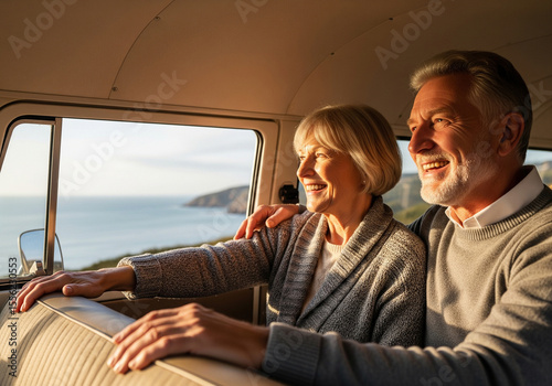 Senior couple on a road trip, enjoying the coastal view from their van