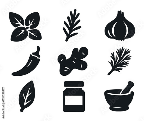 Culinary Herbs Icons. Solid, filled icons set of culinary herbs and spices: basil leaves, rosemary sprig,
