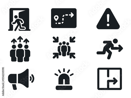 Emergency Icons Grid. Solid, filled icons set of emergency evacuation planning: emergency exit door, route map
