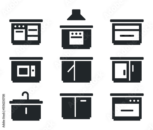 Modern Kitchen Icons. Solid, filled icons set of kitchen island with appliances: built-in oven, cooktop, range