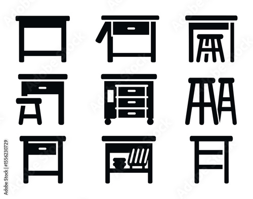 Compact Kitchen Island Icons. Solid, filled icons set of small space kitchen islands: compact counter,