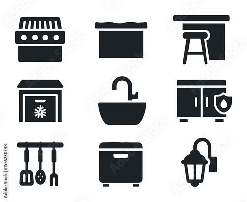 Outdoor Kitchen Icons. Solid, filled icons set of outdoor kitchen island: grill top, stone surface, bar
