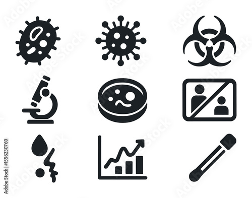 Infectious Disease Icons. Solid, filled icons set of infectious disease studies: bacteria cell, virus particle