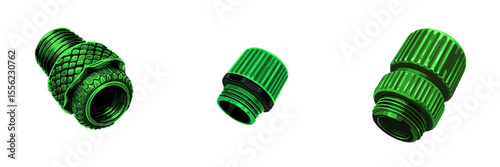 Set of 3 car tire valve caps made of phosphorus, ribbed cylindrical shape, isolated on transparent background
