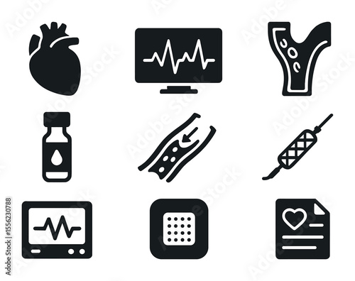 Cardiovascular Icon Set. Solid, filled icons set of cardiovascular research: heart model, ECG chart, artery