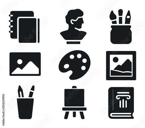 Art Tools Icons. Solid, filled icons set of art-themed bookshelf contents: sketchbooks, sculpture bust, art