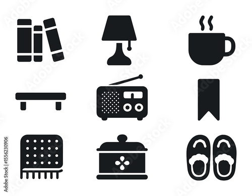 Cozy Library Icons. Solid, filled icons set of cozy home library shelf: hardcover books, table lamp, coffee