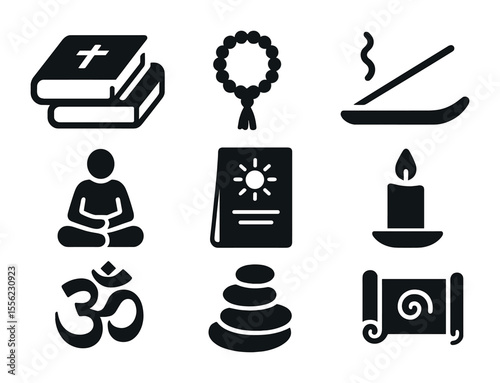 Spiritual Icons Grid. Solid, filled icons set of spiritual bookshelf items: holy books, prayer beads, incense