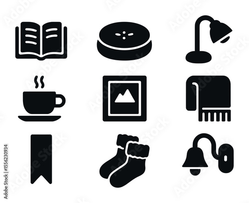 Reading Nook Essentials Icons. Solid, filled icons set of reading nook shelf essentials: open book, floor