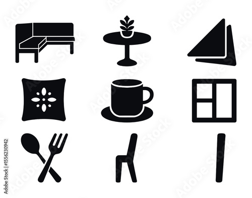 Modern Kitchen Icons. Solid, filled icons set of corner kitchen dining setup: L-shaped bench, round table,