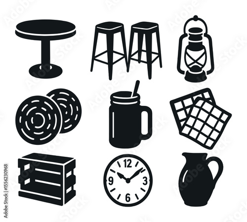 Rustic Kitchen Decor Icons. Solid, filled icons set of rustic kitchen nook decor: round wooden table, metal