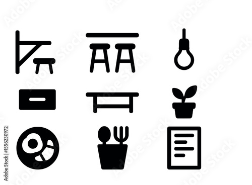 Tiny Home Kitchen Icons. Solid, filled icons set of tiny home kitchen nook: foldable table, mounted stools,