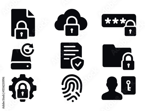 Data Protection Icons. Solid, filled icons set of data protection tools: encrypted file, secure cloud,