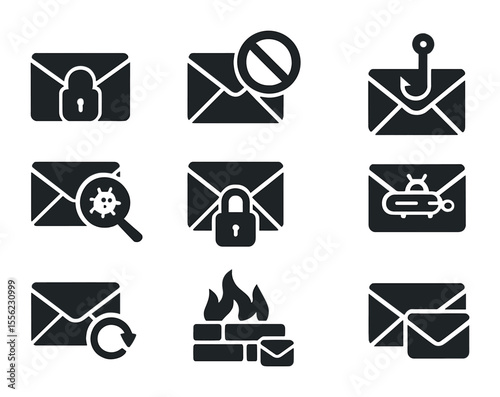 Email Security Icons. Solid, filled icons set of email security measures: email lock, spam filter, phishing