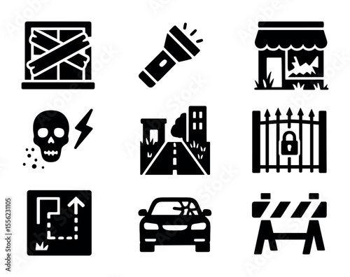 Urban Survival Icons. Solid, filled icons set of abandoned urban survival: boarded window, flashlight, looted