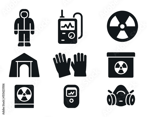 Radiation Safety Icons. Solid, filled icons set of radiation zone survival: hazmat suit, Geiger counter,