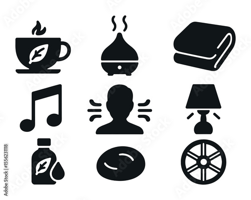 Holistic Wellness Icons. Solid, filled icons set of holistic palliative approaches: herbal tea, aromatherapy