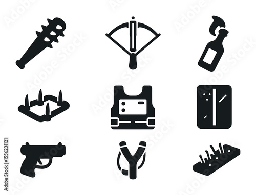 Improvised Weapon Icons. Solid, filled icons set of improvised weapons and defense: spiked bat, crossbow,