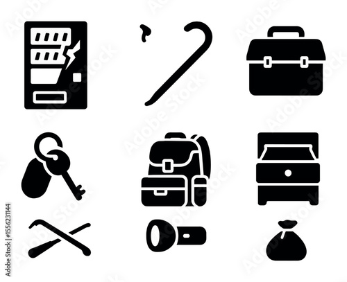 Scavenger Icon Set. Solid, filled icons set of resource scavenging: broken vending machine, crowbar, abandoned