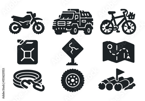 Post-Apocalyptic Transport Icons. Solid, filled icons set of post-apocalyptic transportation: dirt bike,