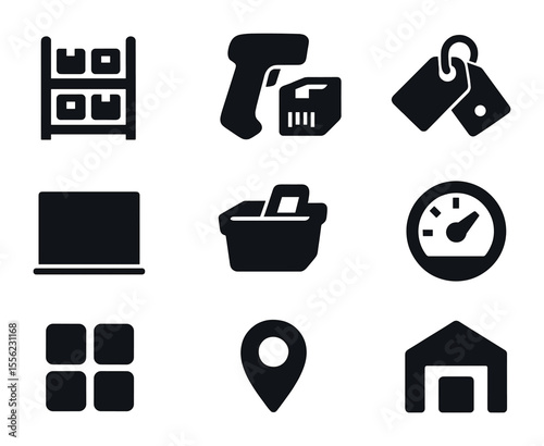 Warehouse Icons Grid. Solid, filled icons set of warehouse shelf management: metal rack, box scanner, product